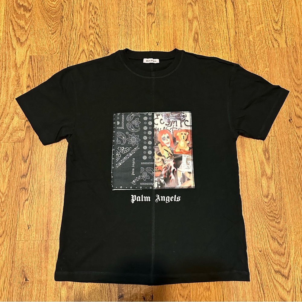 Palm Angels Black Short Sleeve Crewneck Bandana Collage Shirt Size Large